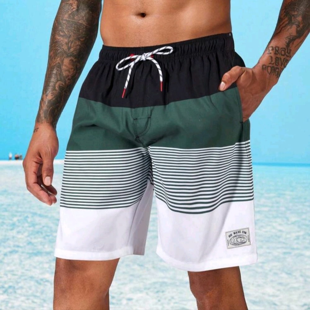 Men's Swim Shorts - Striped Black, Green, and White